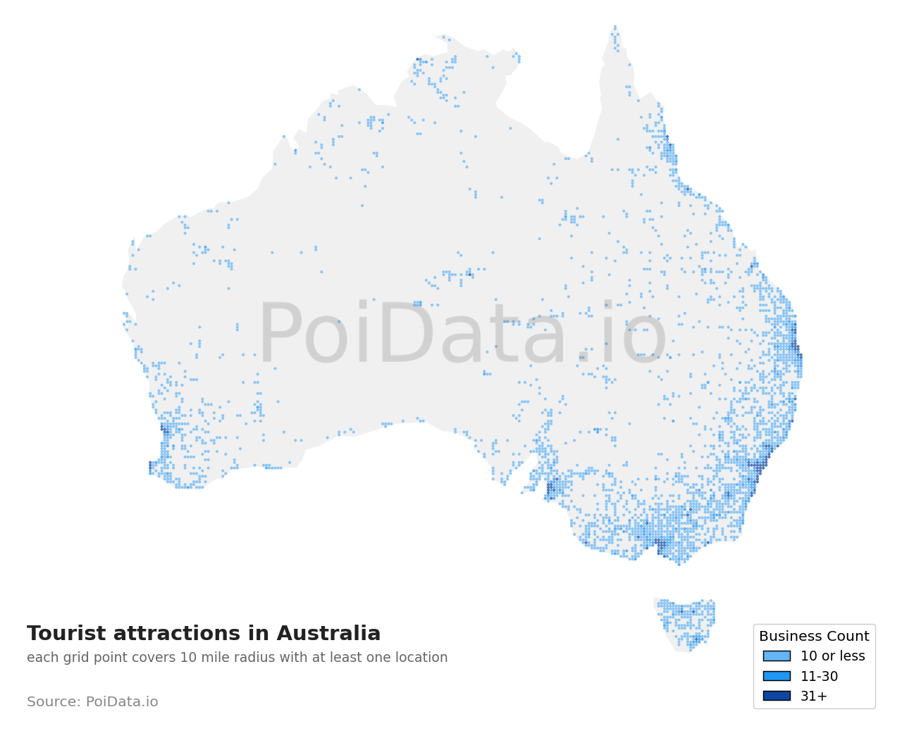 Tourist attraction density map for Australia