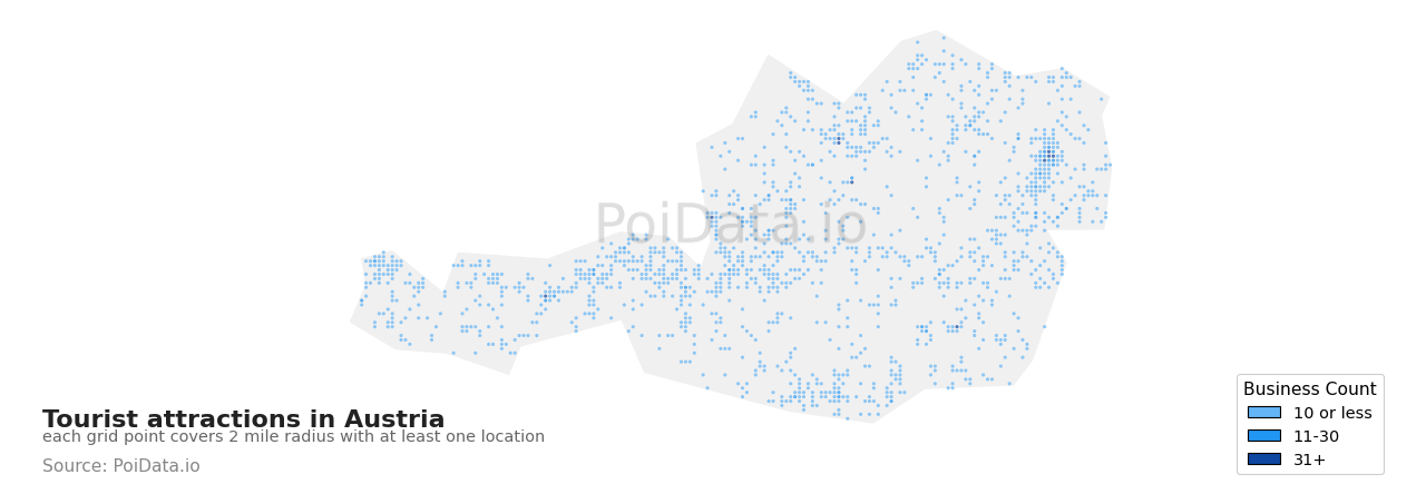 Tourist attraction density map for Austria