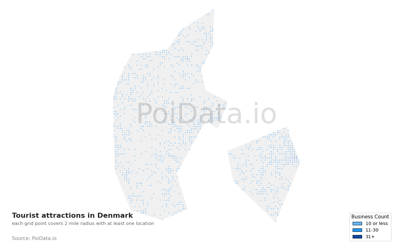 Tourist attraction density map for Denmark