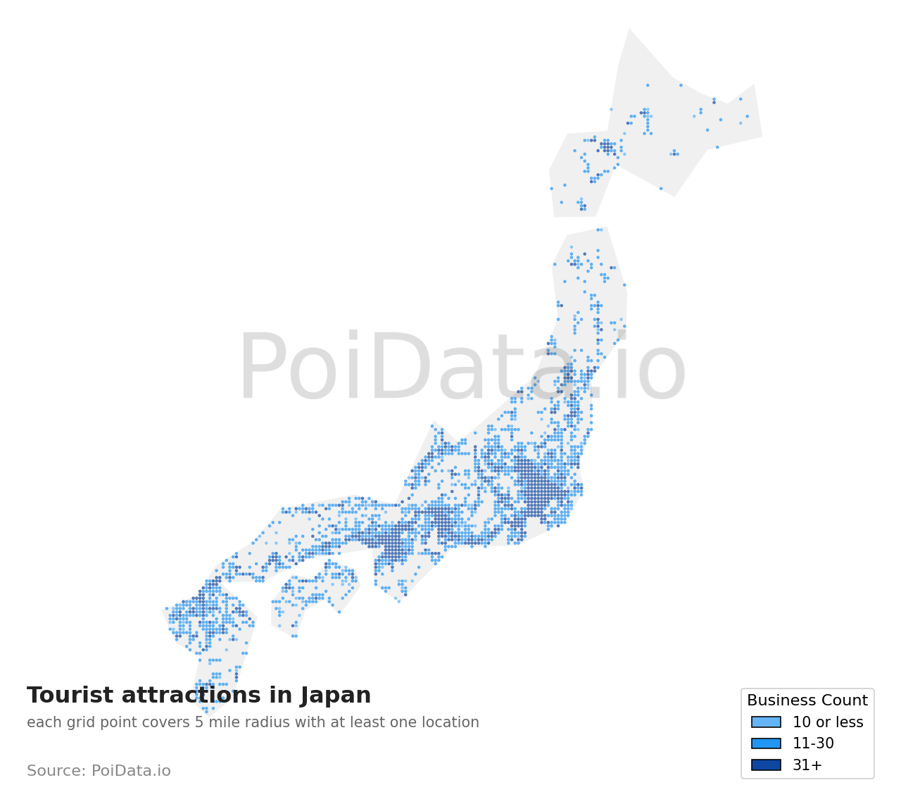 Tourist attraction density map for Japan