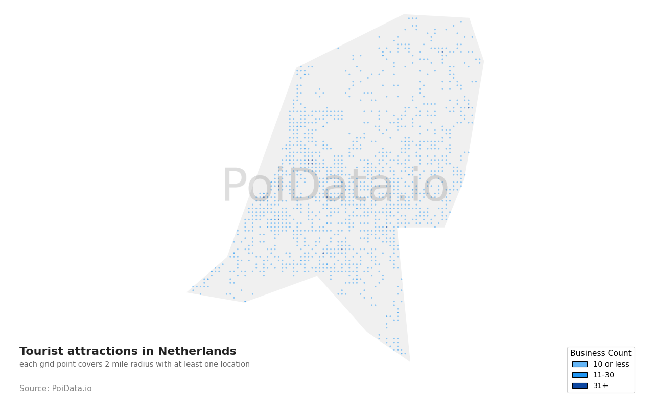 Tourist attraction density map for Netherlands