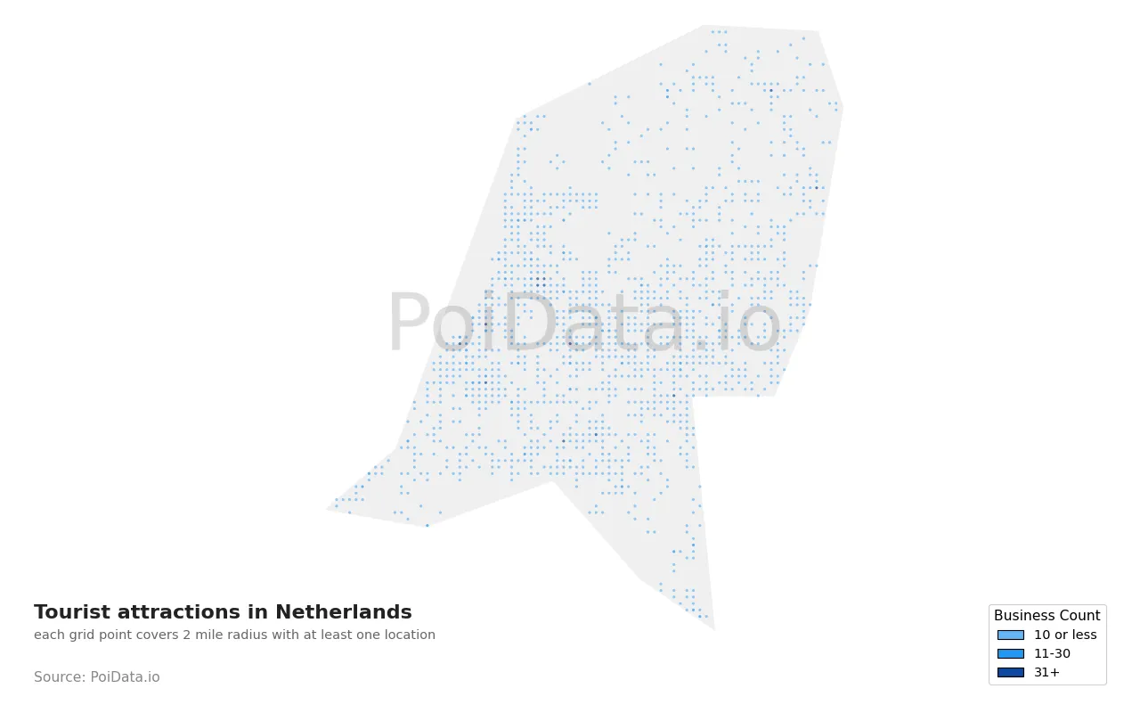 Tourist attraction density map for Netherlands