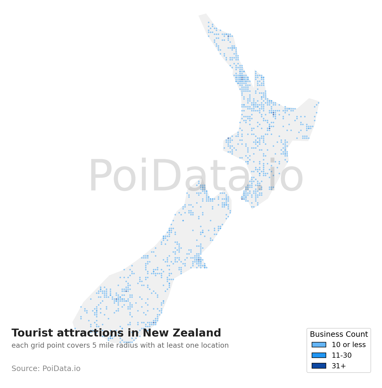 Tourist attraction density map for New Zealand
