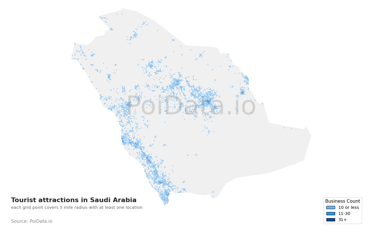 Tourist attraction density map for Saudi Arabia
