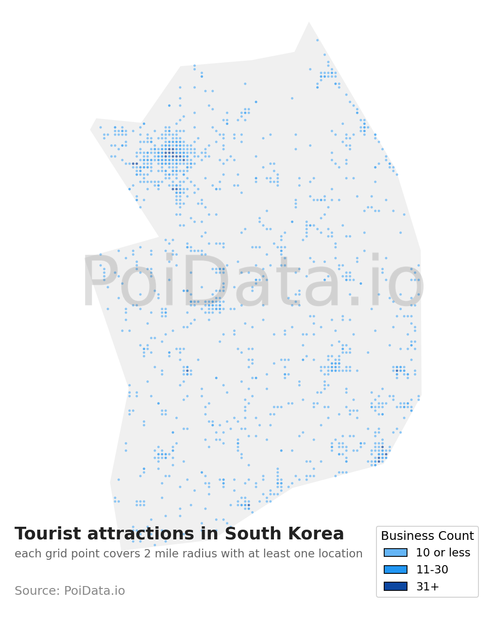 Tourist attraction density map for South Korea