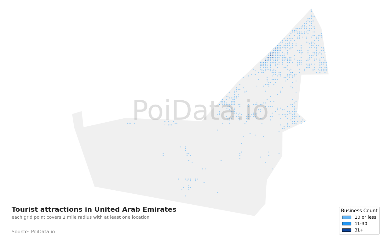 Tourist attraction density map for United Arab Emirates