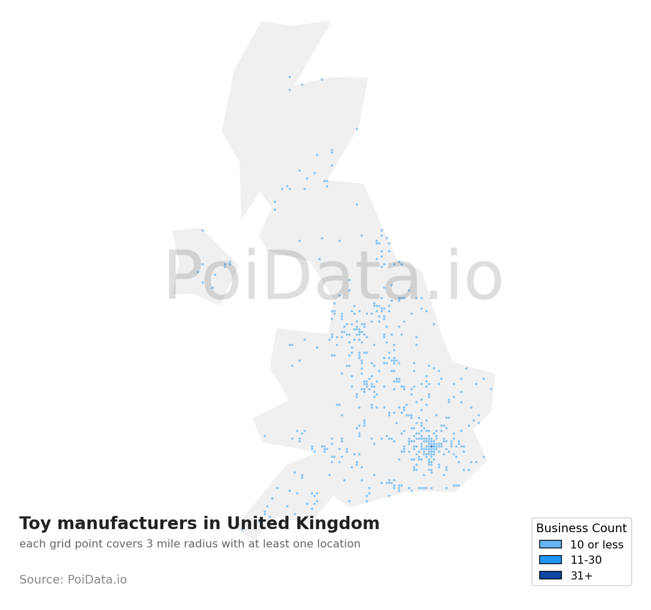 Toy manufacturer density map for United Kingdom