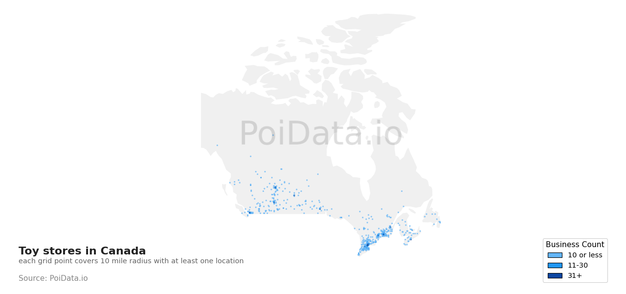 Toy store density map for Canada