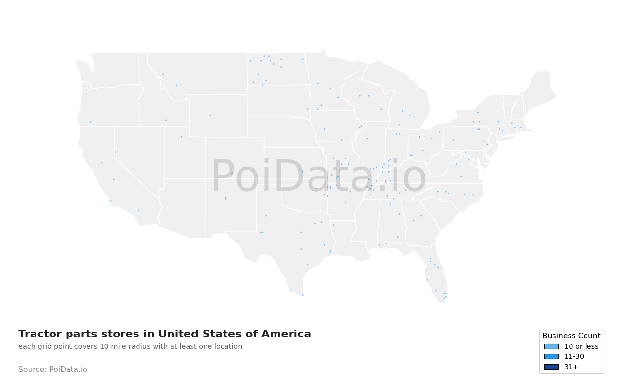 Tractor parts store density map for Tennessee, United States