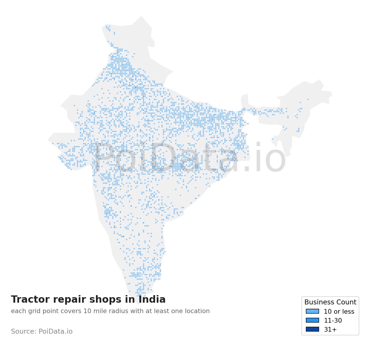 Tractor repair shop density map for India