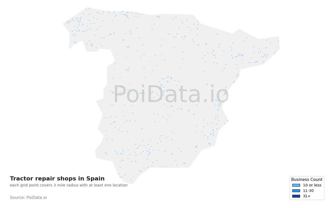 Tractor repair shop density map for Spain