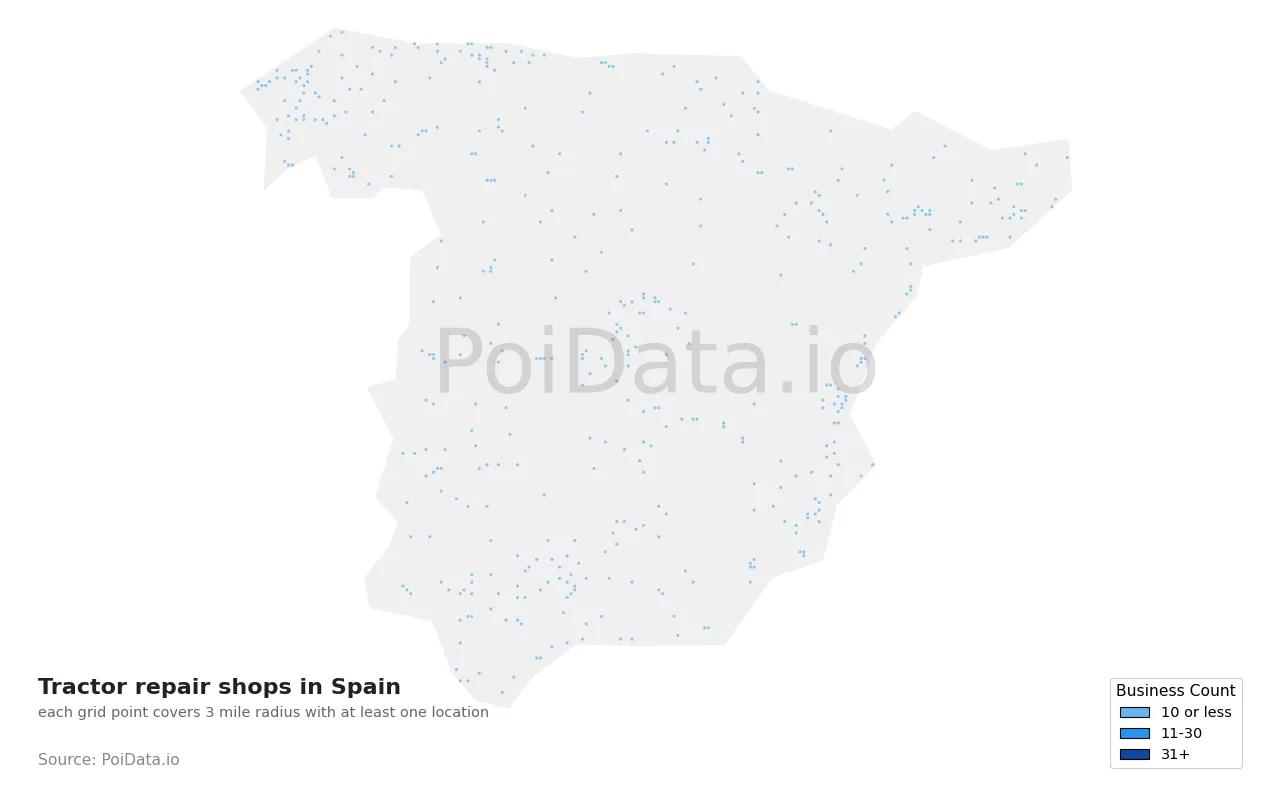 Tractor repair shop density map for Spain
