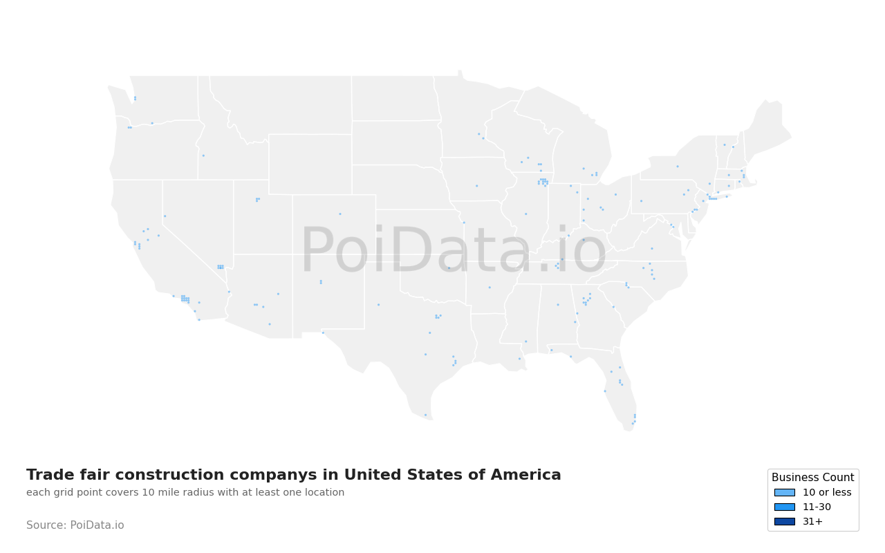 Trade fair construction company density map for United States