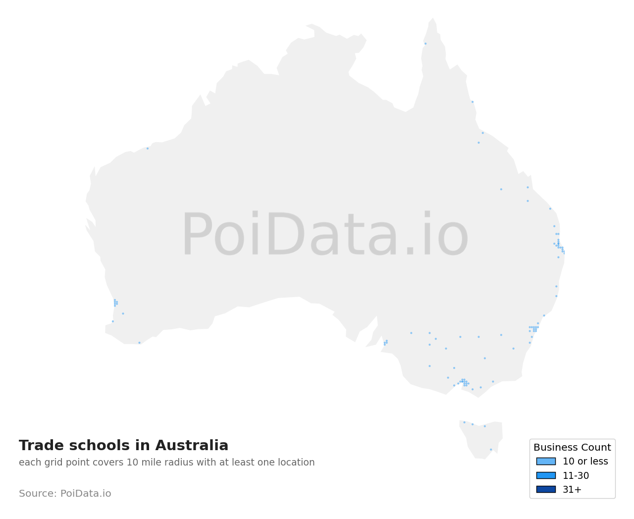 Trade school density map for Australia
