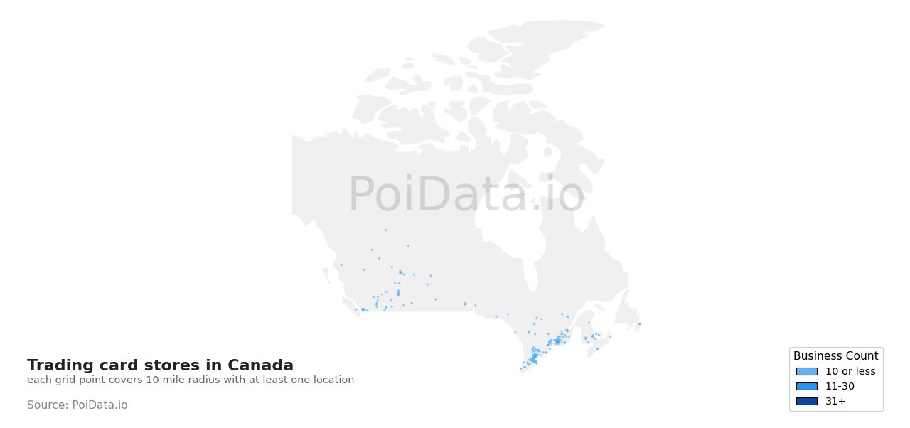 Trading card store density map for Canada