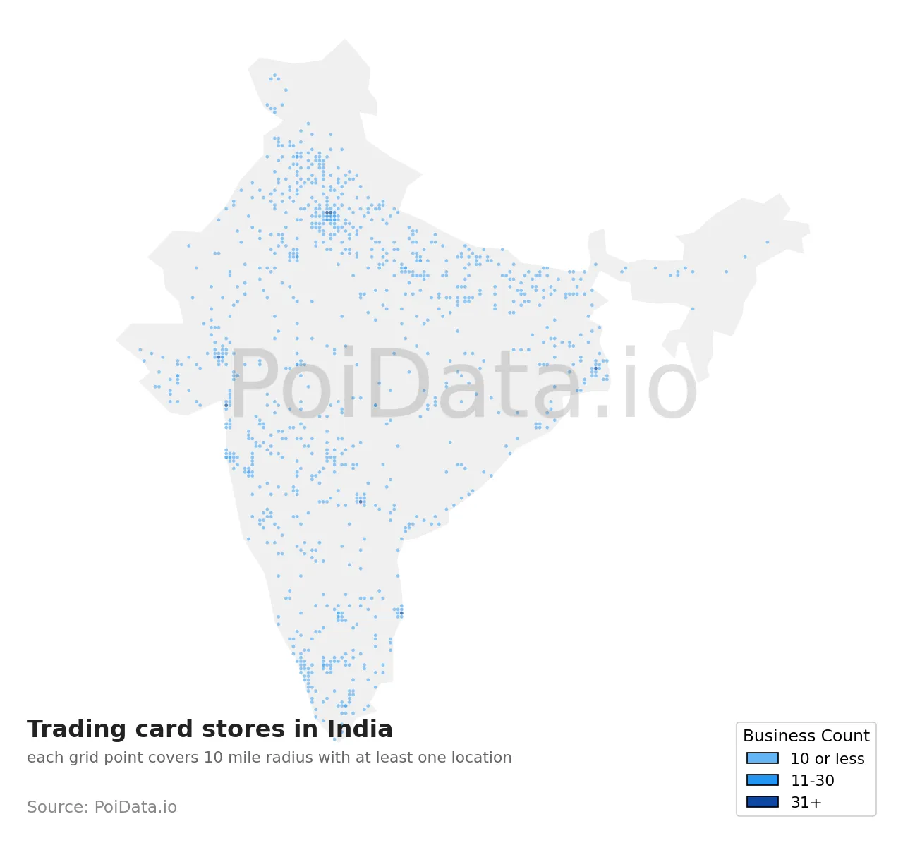 Trading card store density map for India