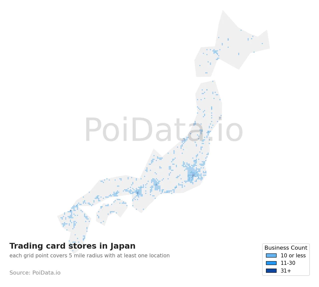 Trading card store density map for Japan