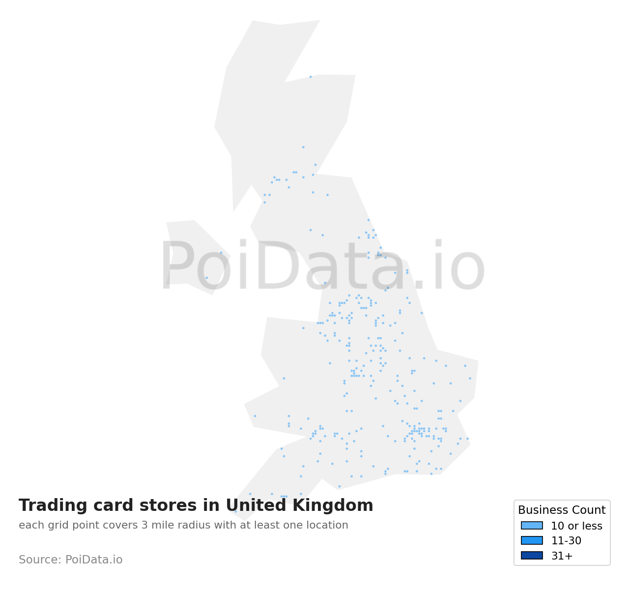 Trading card store density map for United Kingdom