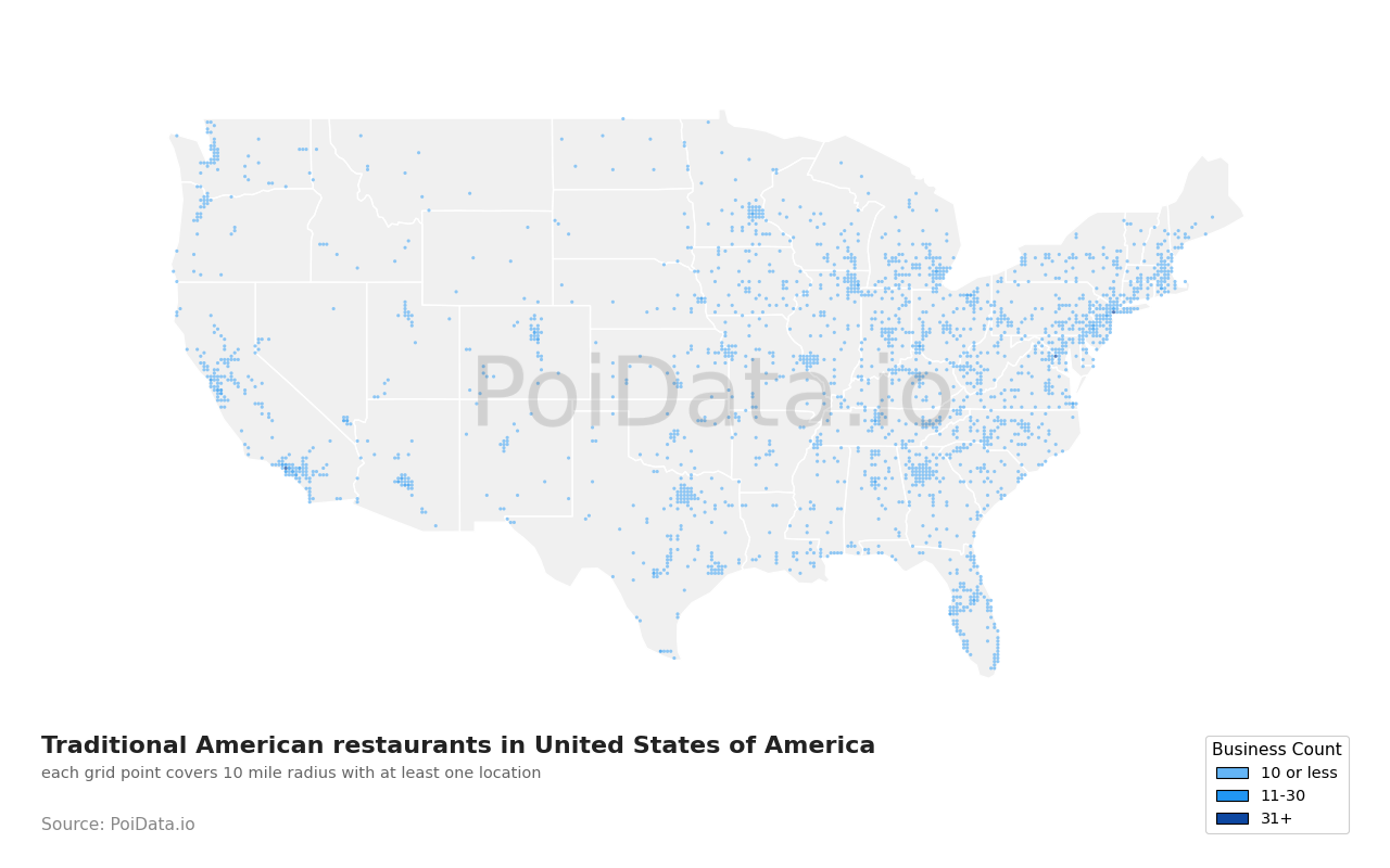 Traditional American restaurant density map for Virginia, United States