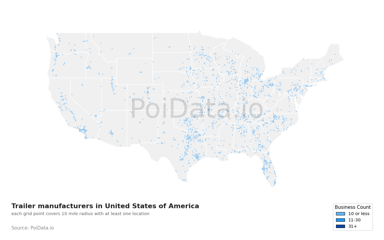 Trailer manufacturer density map for Texas, United States