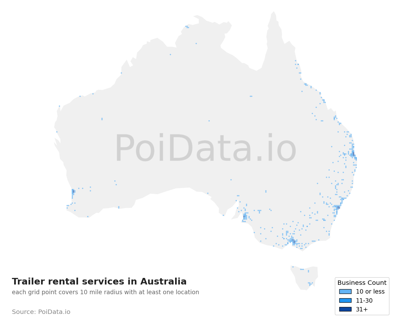 Trailer rental service density map for Australia