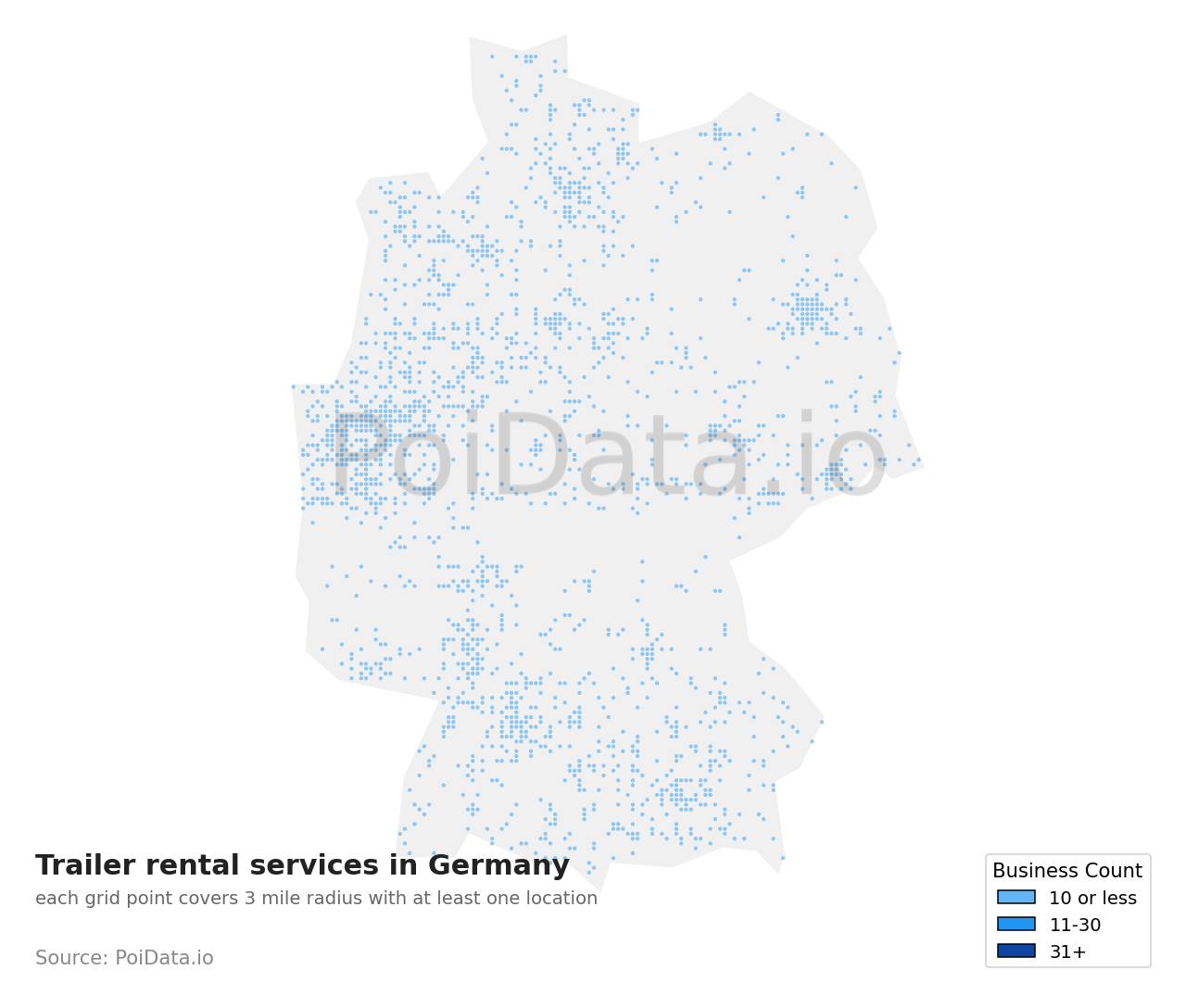 Trailer rental service density map for Germany