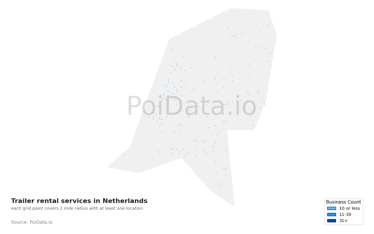 Trailer rental service density map for Netherlands
