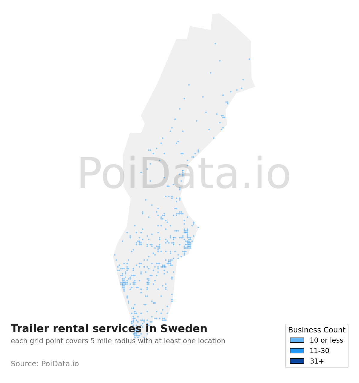 Trailer rental service density map for Sweden
