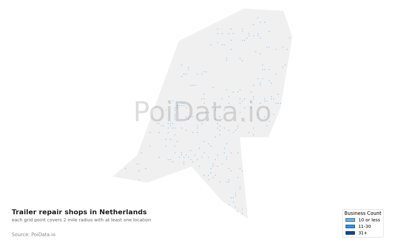 Trailer repair shop density map for Netherlands
