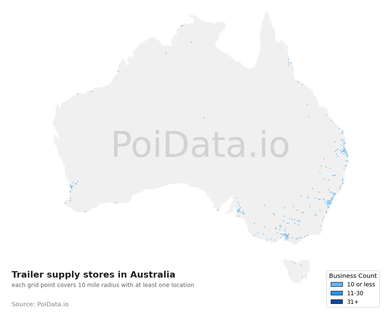 Trailer supply store density map for Australia
