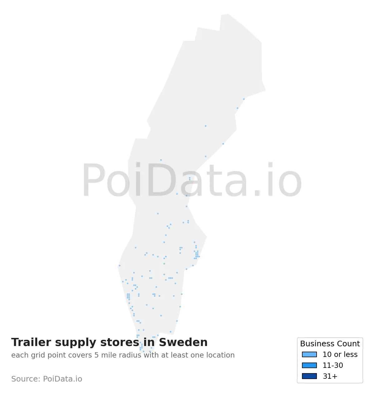 Trailer supply store density map for Sweden