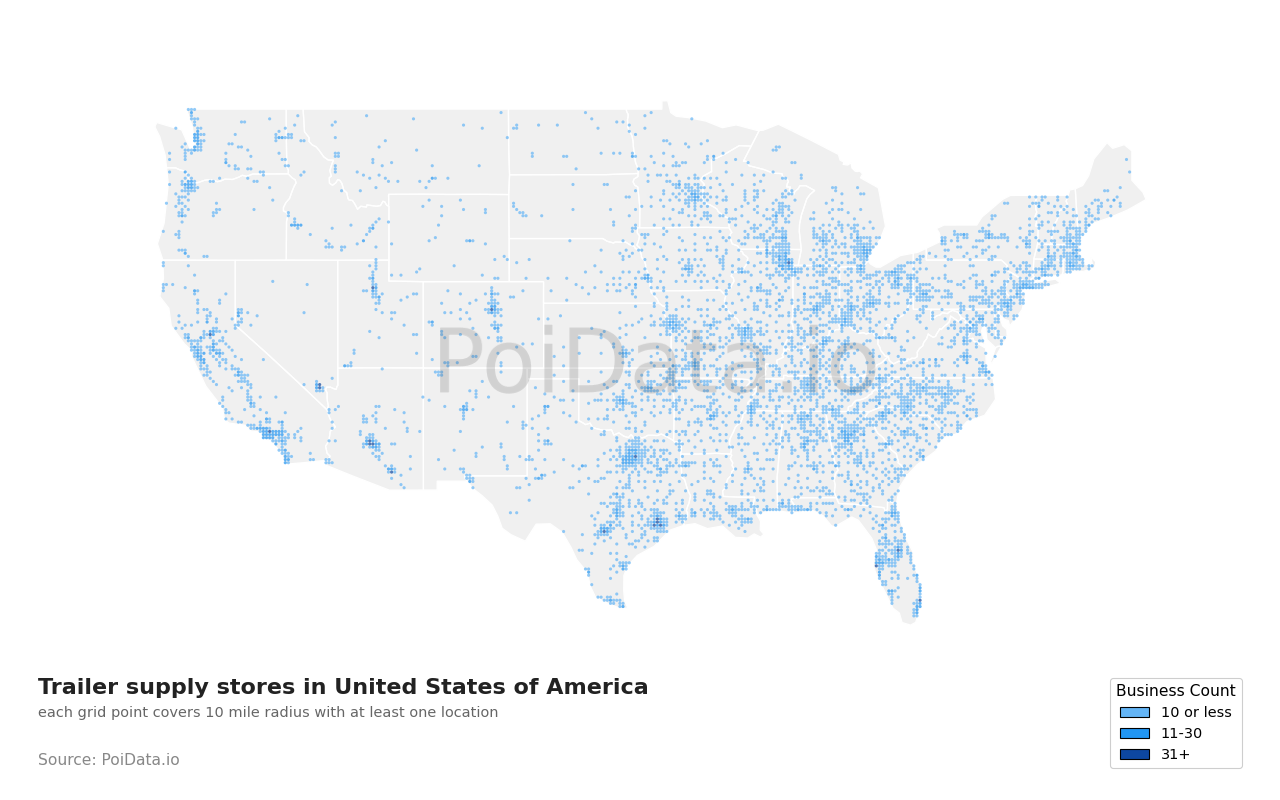 Trailer supply store density map for California, United States