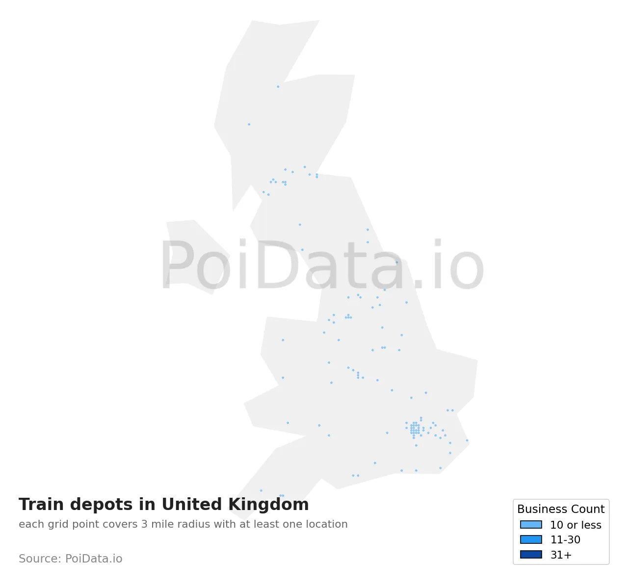 Train depot density map for United Kingdom