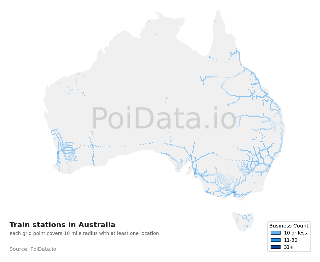Train station density map for Western Australia, Australia