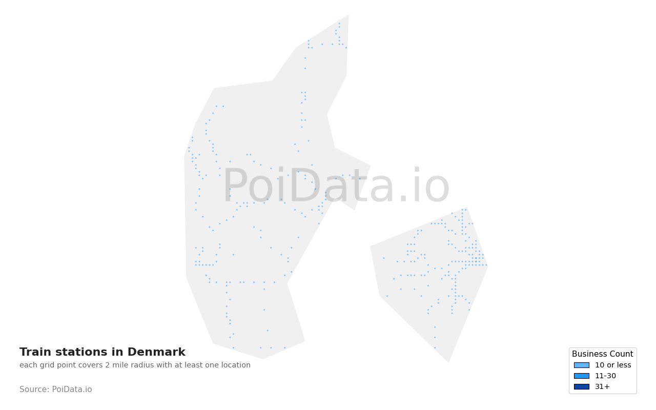 Train station density map for Denmark
