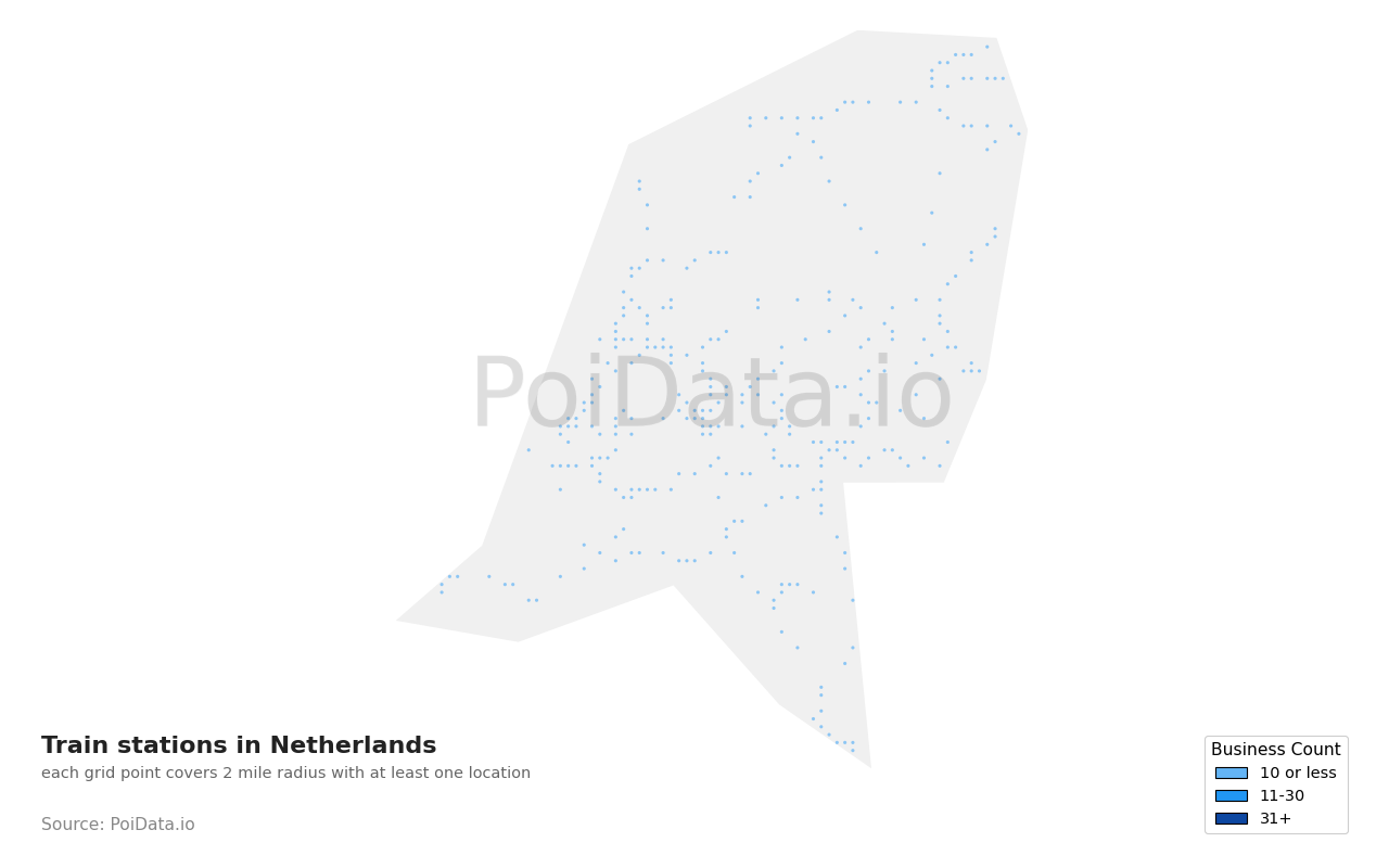 Train station density map for Netherlands