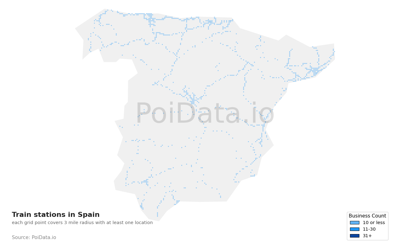 Train station density map for Spain