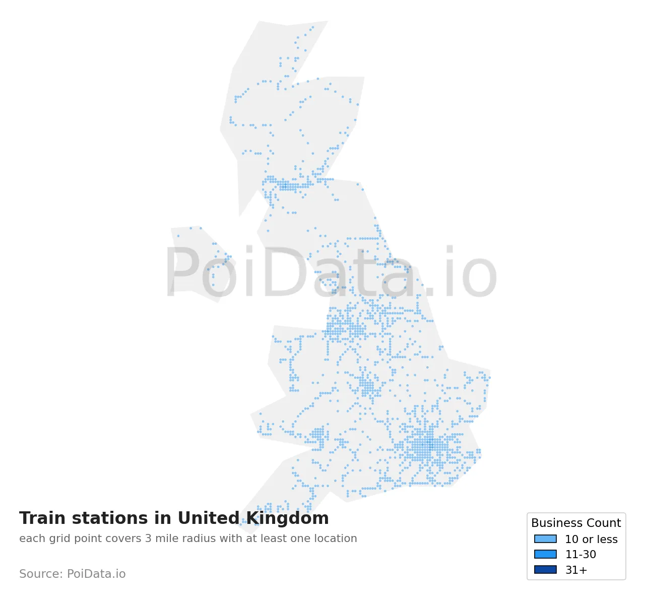 Train station density map for United Kingdom