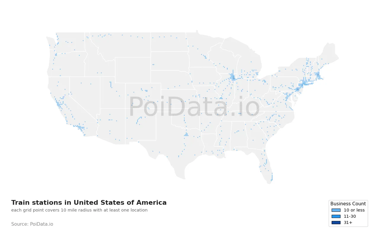 Train station density map for United States