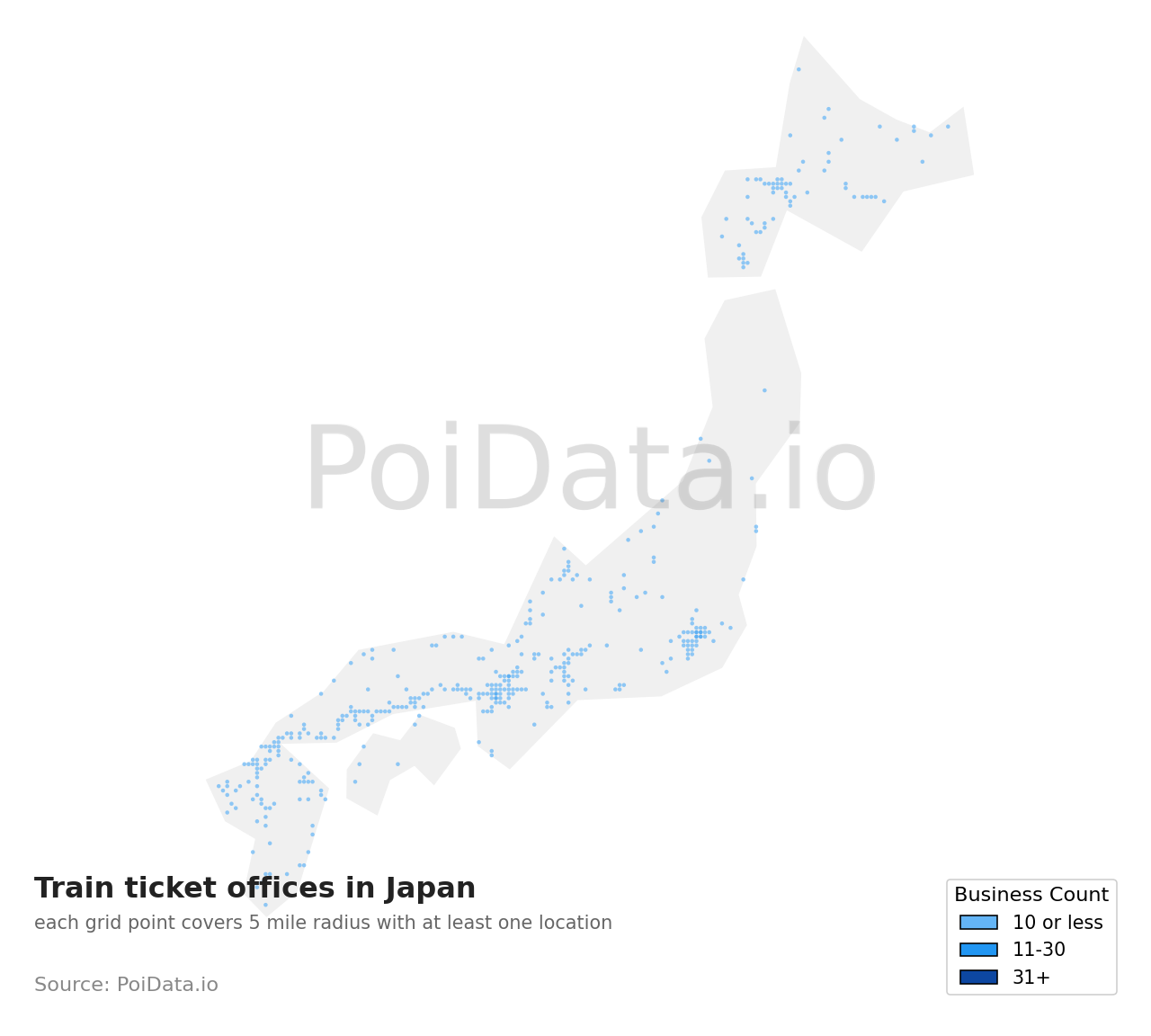 Train ticket office density map for Japan