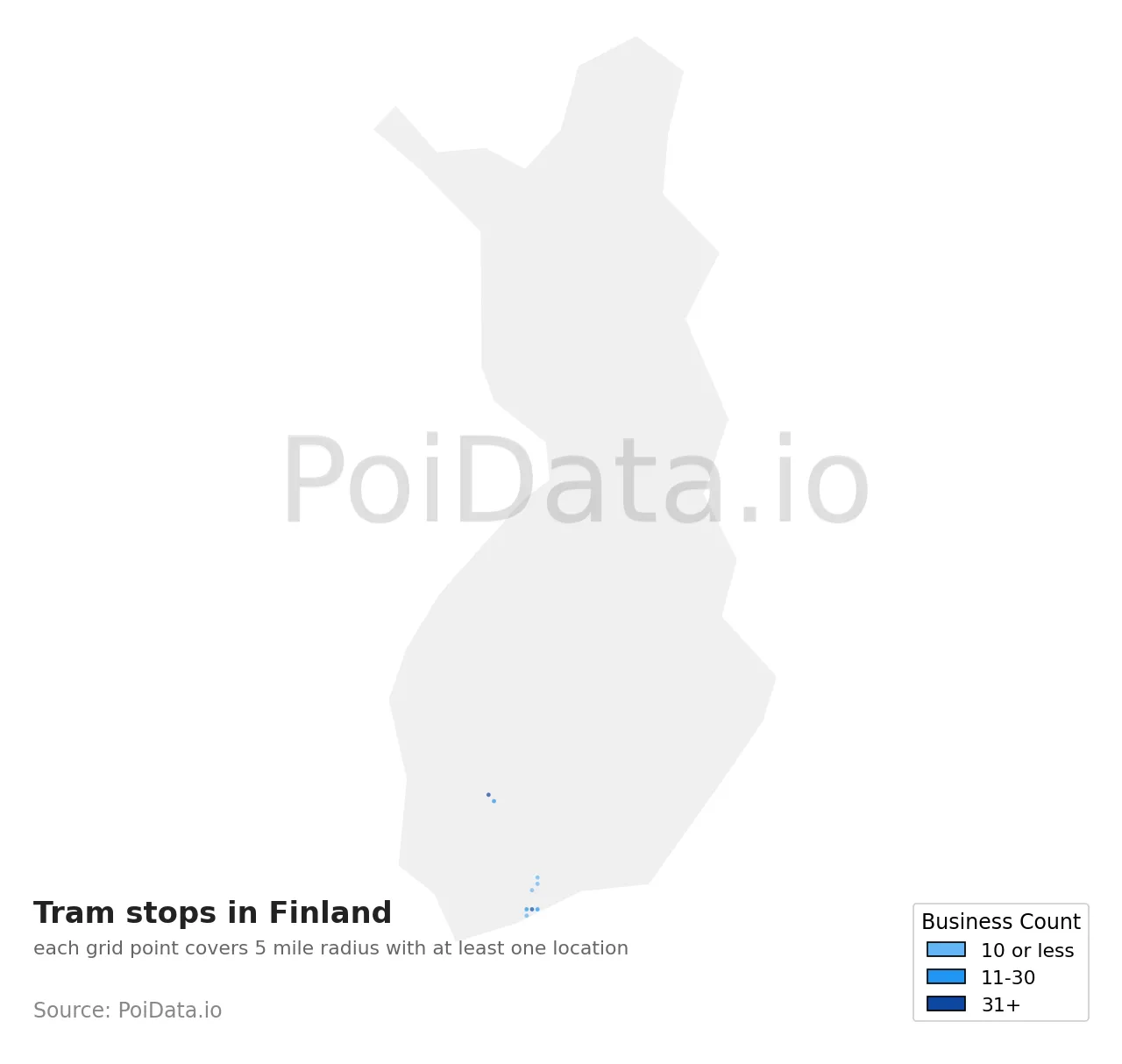 Tram stop density map for Finland