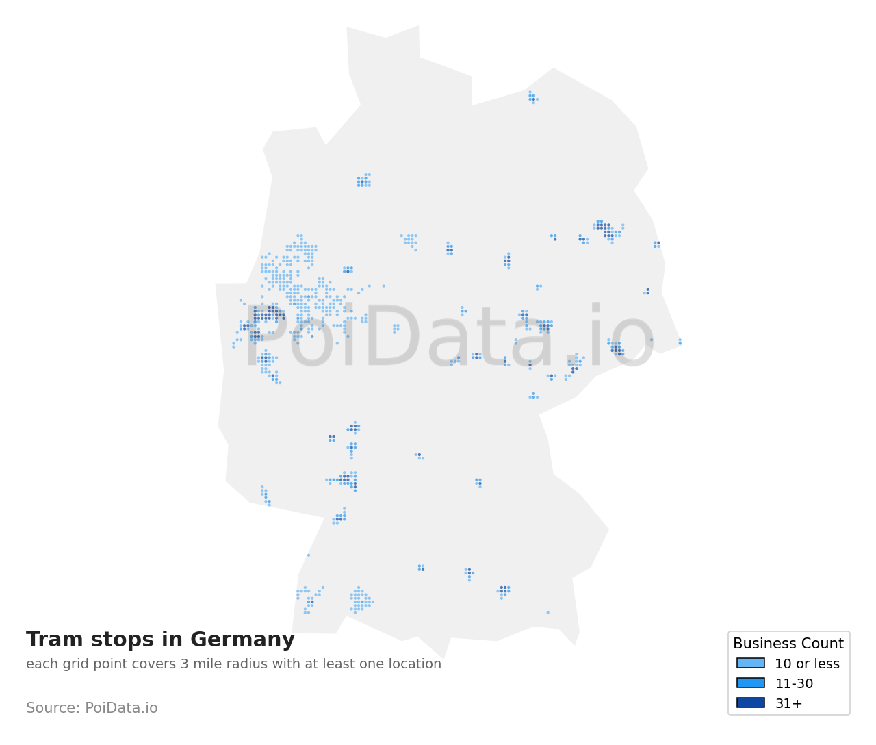 Tram stop density map for Germany