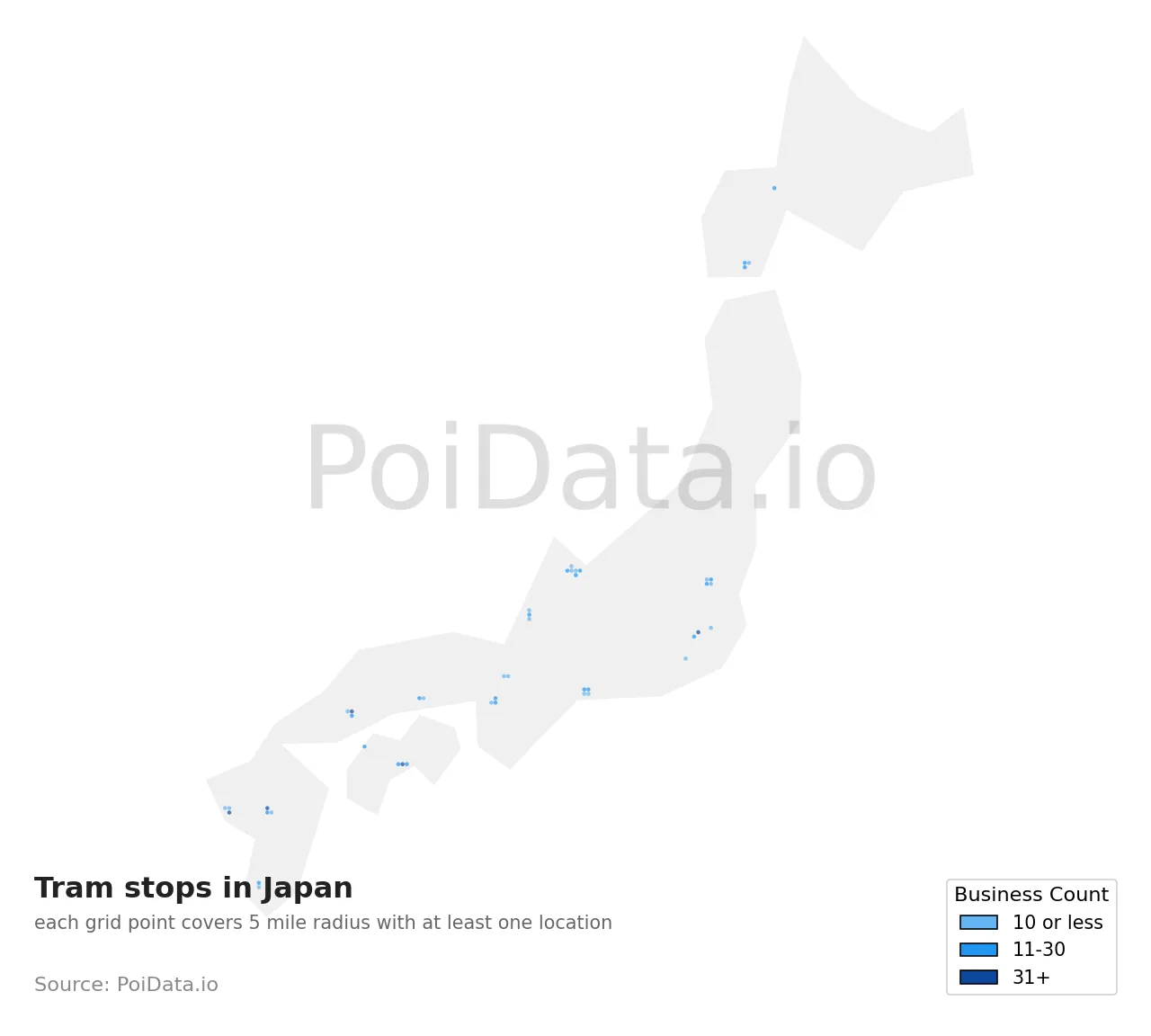 Tram stop density map for Japan