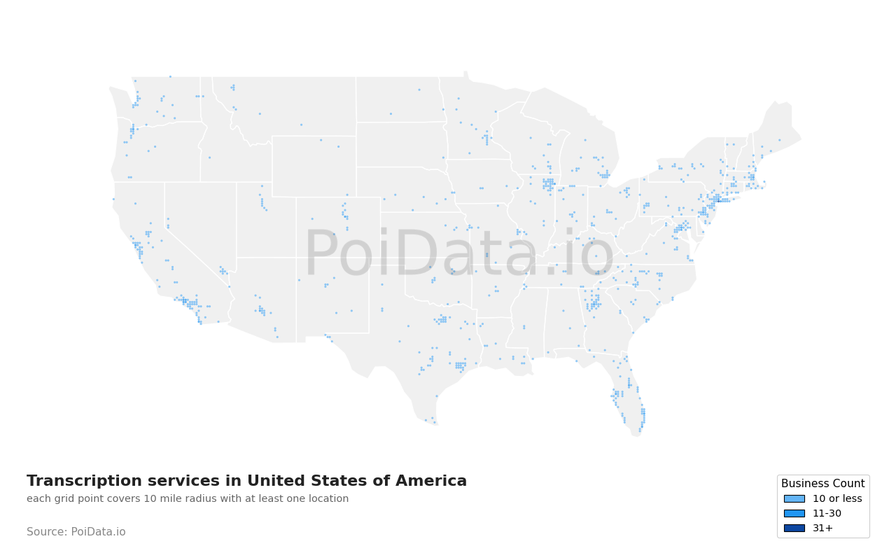 Transcription service density map for United States