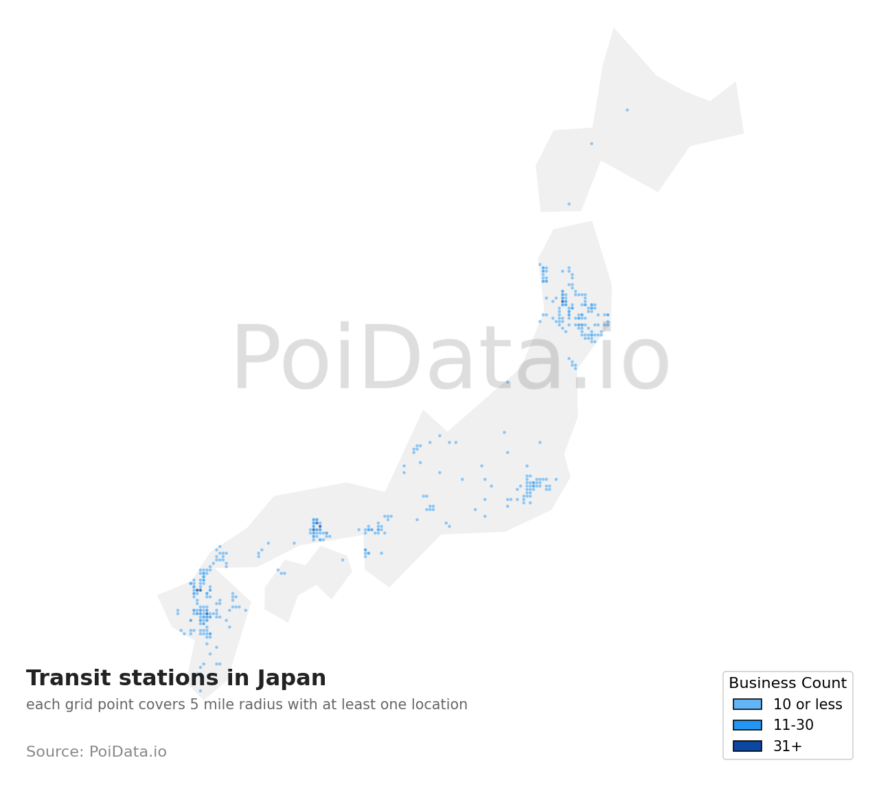 Transit station density map for Japan