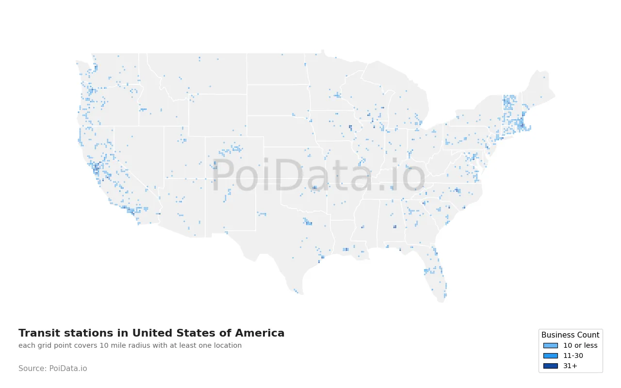 Transit station density map for United States