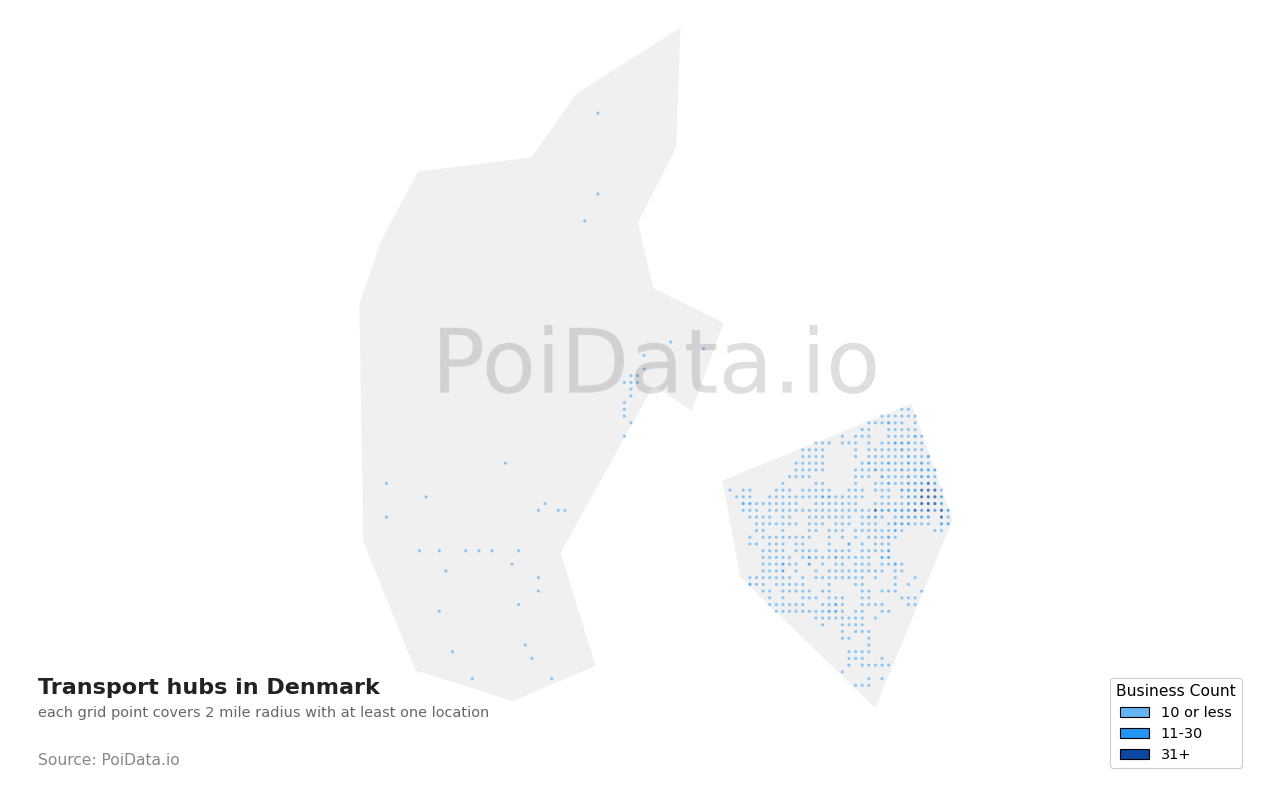 Transport hub density map for Denmark