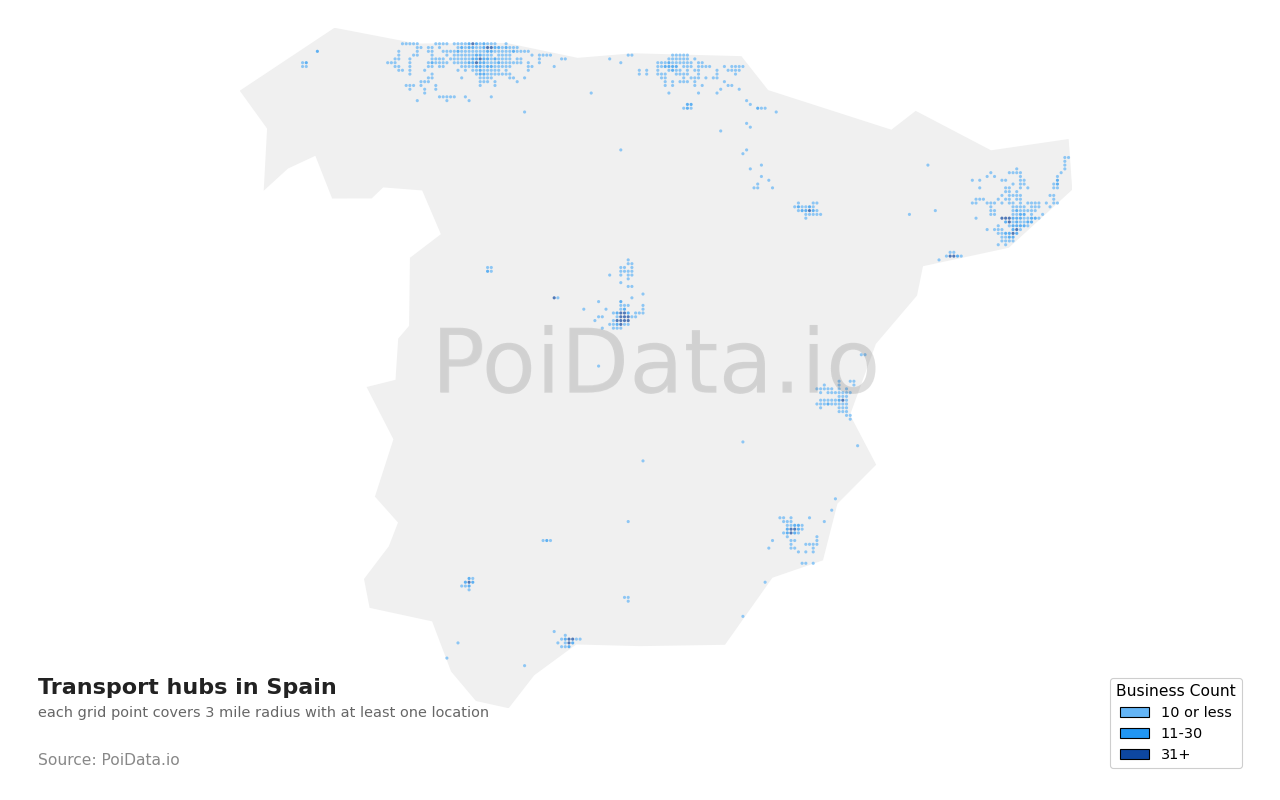 Transport hub density map for Spain