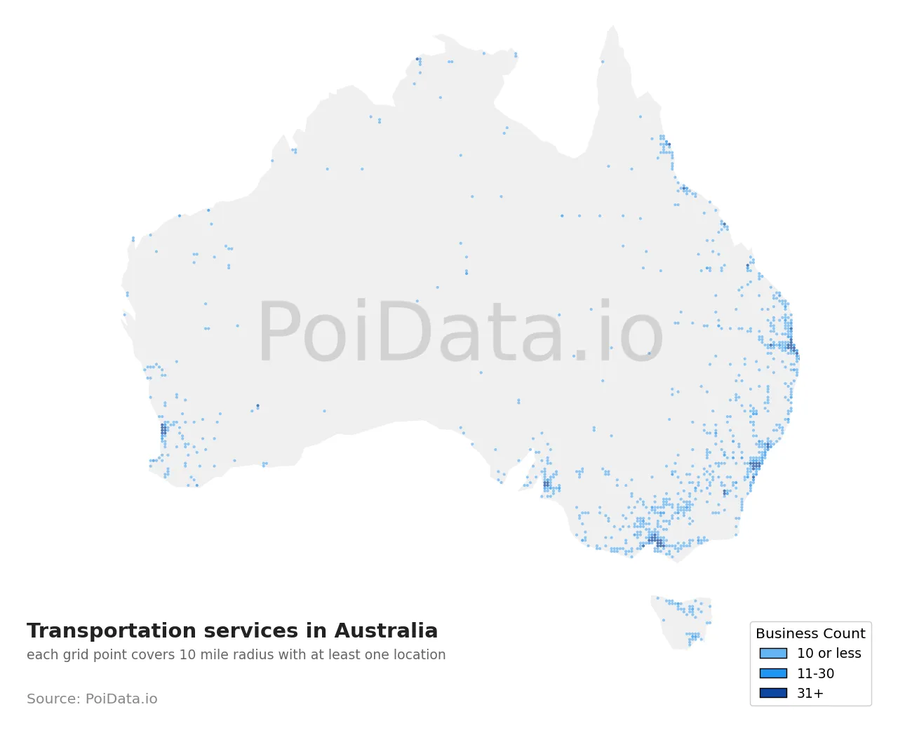 Transportation service density map for Australia