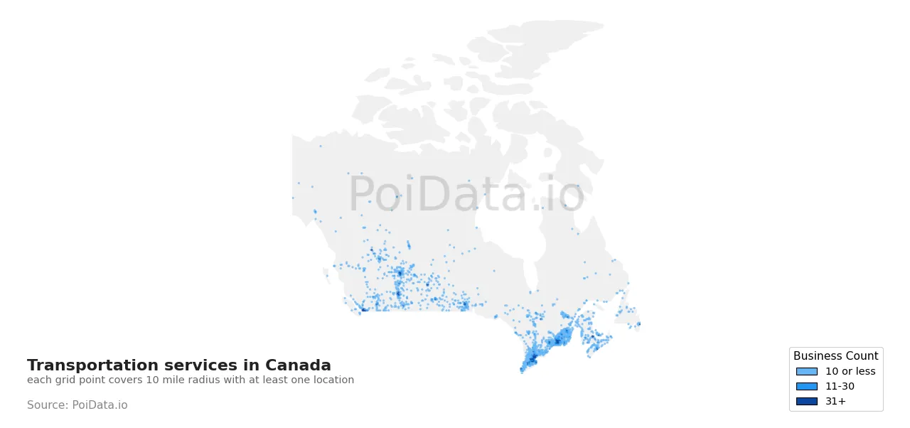 Transportation service density map for Canada